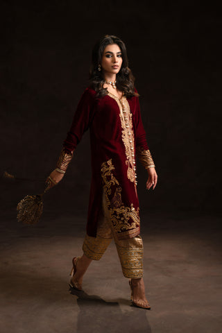 Classic Maroon and Gold Velvet Set (D-04)