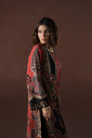 Modern Mughal Long Black and Rust Tassel Kaftan Set (D-02)